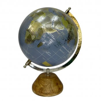 Globo Decorativo Azul e Prata c/ Base de Madeira - 29cm